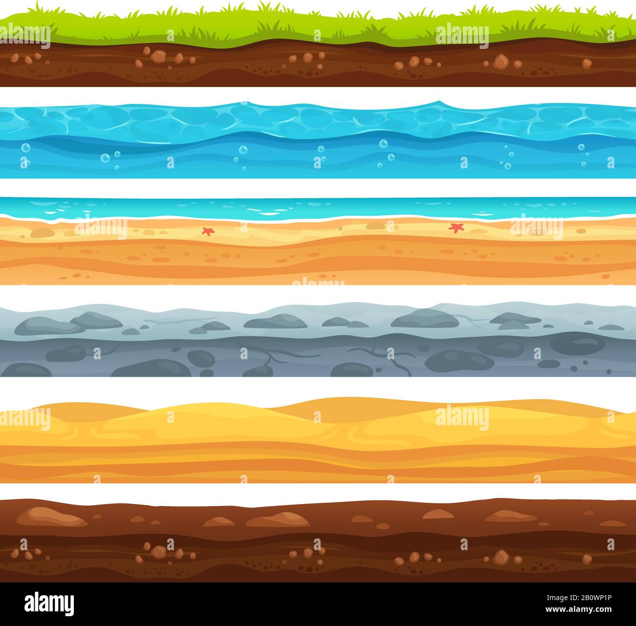 Seamless ground surface. Green grass land landscape, sandy desert and beach with sea water. Grounds layers vector cartoon set Stock Vector