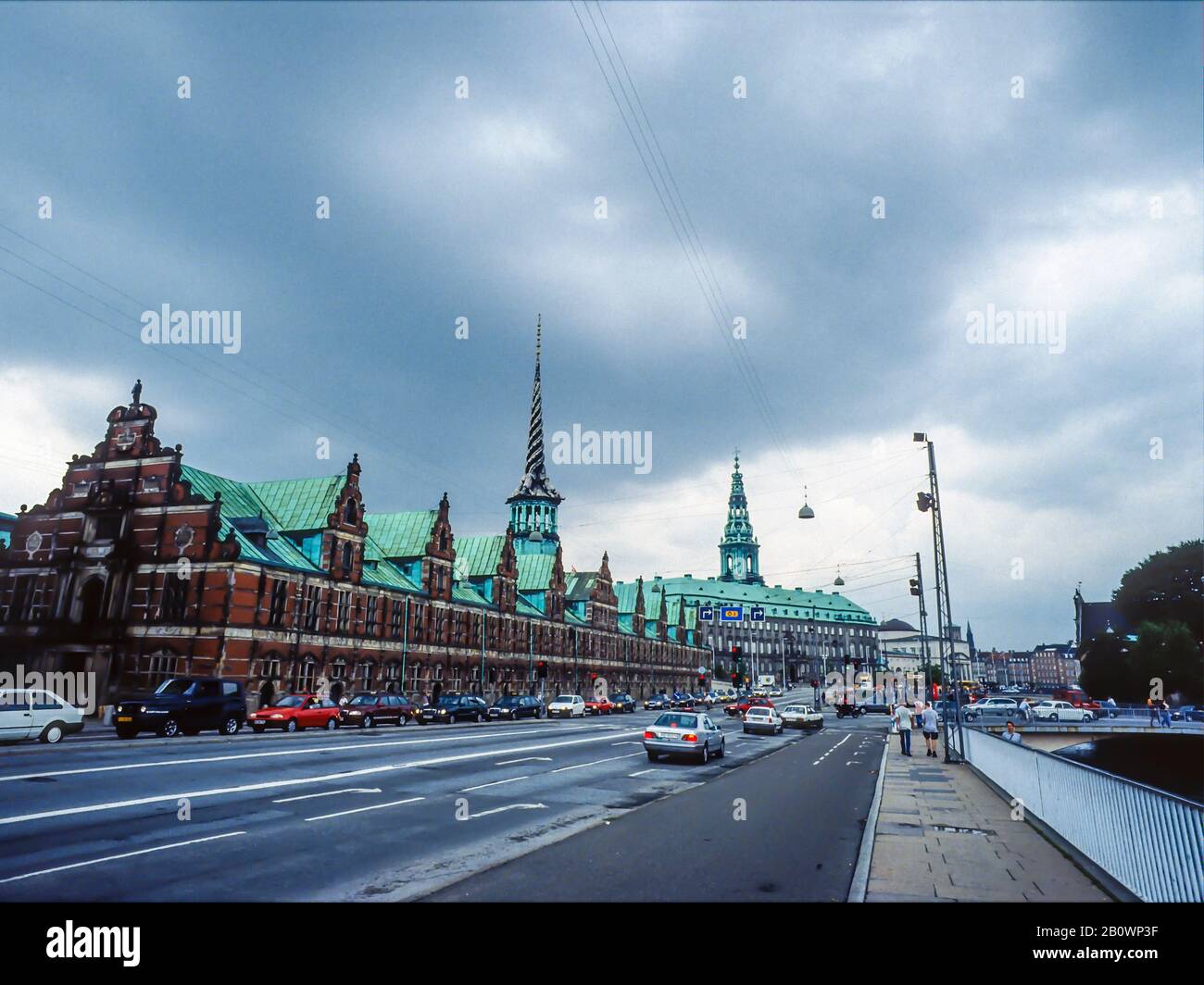 Boersen, (Stock Exchange) and Christiansborg (Parliament), at Boersgade in Copenhagen, Denmark. Stock Photo