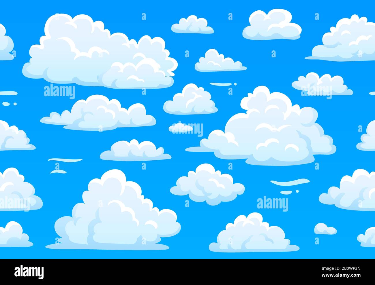 Cartoon blue cloudy sky. Horizontal seamless pattern with white fluffy clouds. 2d game overcast sky vector texture Stock Vector