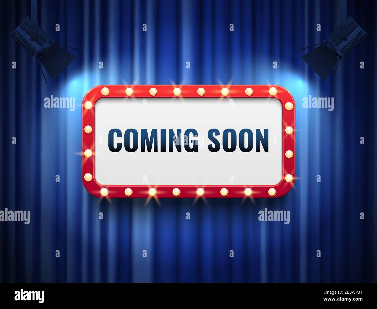 Coming soon background. special announcement concept with blue curtains, spotlights and light marquee sign. Vector banner Stock Vector
