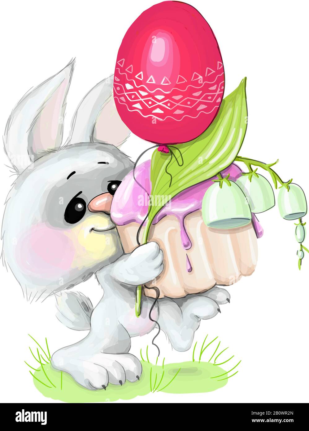 vector illustration Heppy Easter.Cute bunny holds flowers lilies of the valley and red egg Stock
