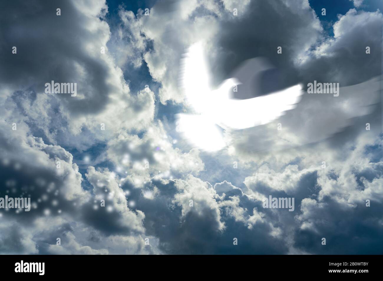 motion blurred pigon in the sky as a symbolof holy spirit pentecost concept Stock Photo