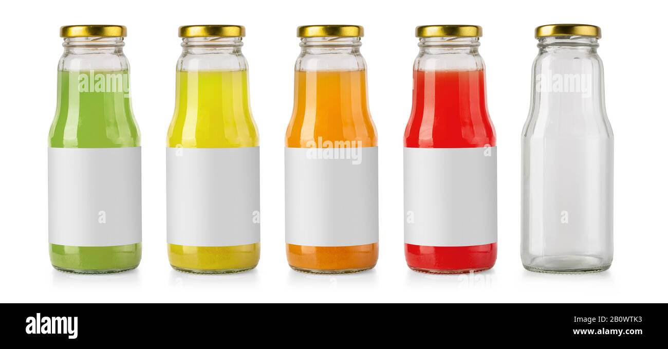 Juice glass bottles iand empty bottle solated on white Stock Photo Alamy