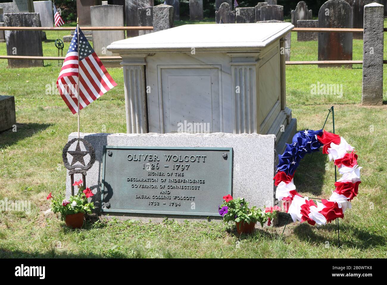 Gravesite of Oliver Wolcott, signer of the US Declaration of Independence from Connecticut. Located in East Cemetery in Litchfield, CT. Stock Photo