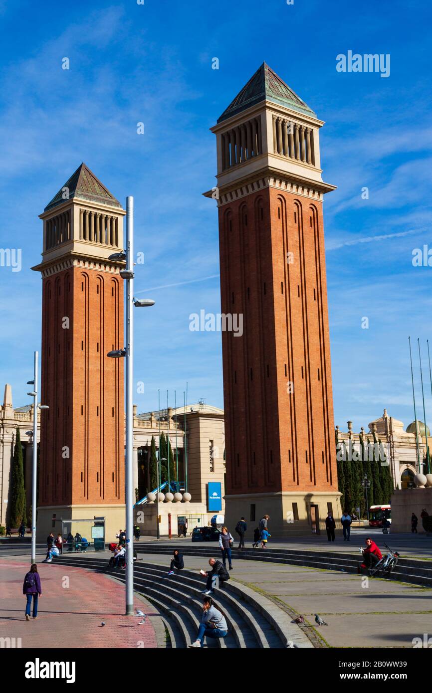 Tourists at the Venetian Towers, Placa d’Espanya, Barcelona, Catalunya, Spain Stock Photo