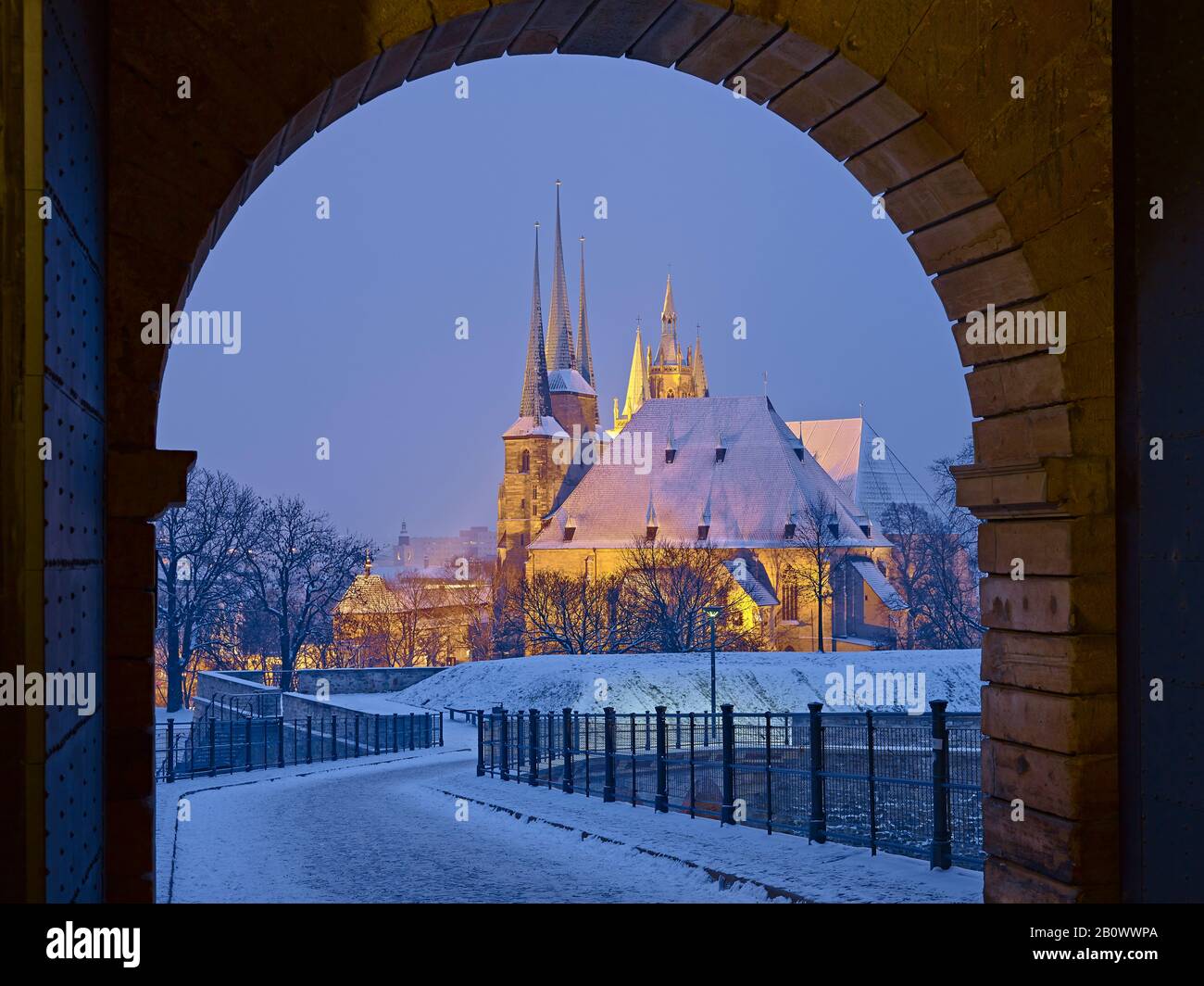 Gate of the petersberg citadel with cathedral and severikirche hires
