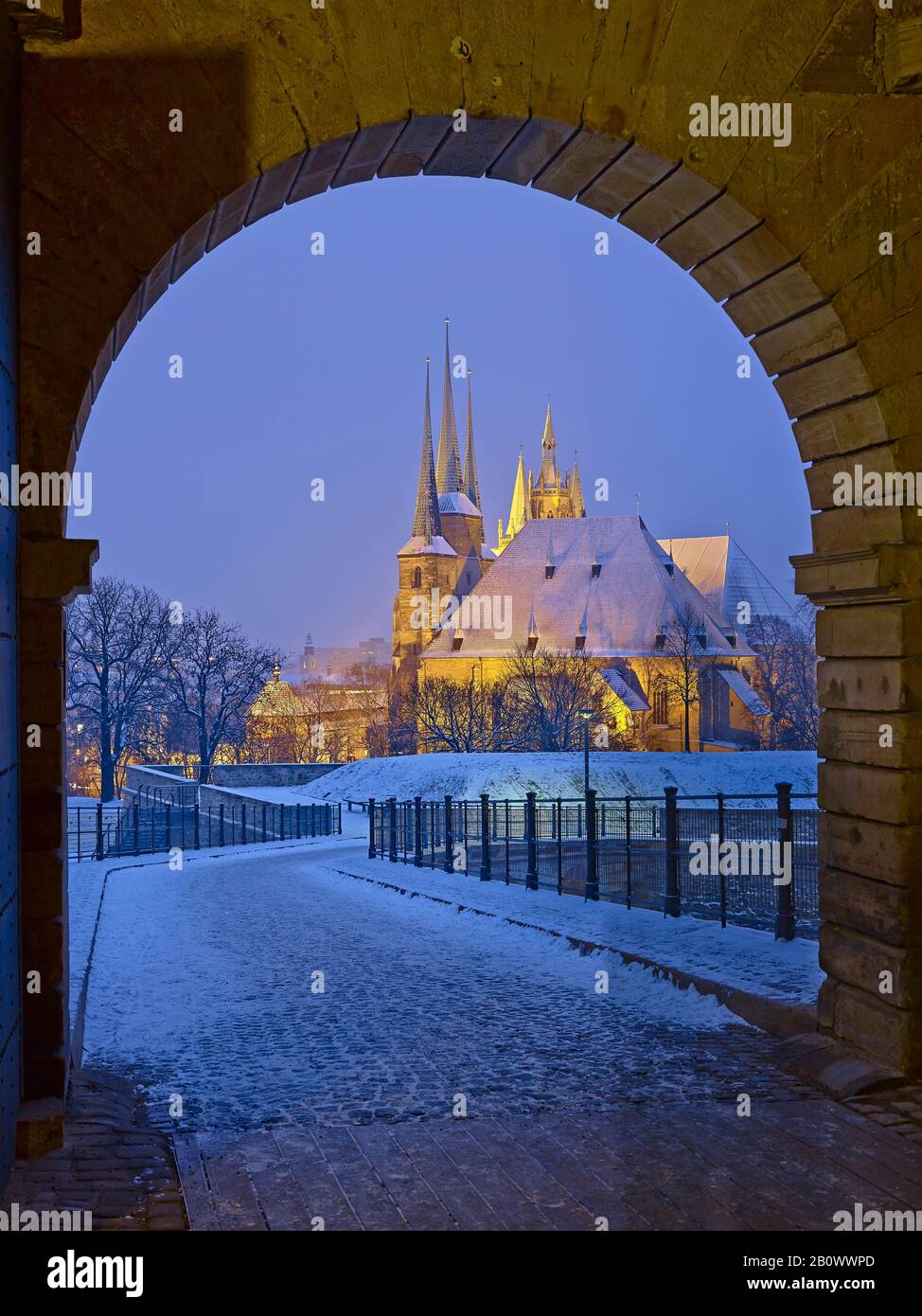 Gate of the Petersberg Citadel with cathedral and Severikirche, Erfurt, Thuringia, Germany Stock Photo
