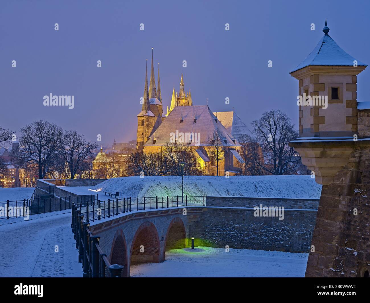 Guard cell of the Petersberg Citadel with cathedral and Severikirche, Erfurt, Thuringia, Germany Stock Photo