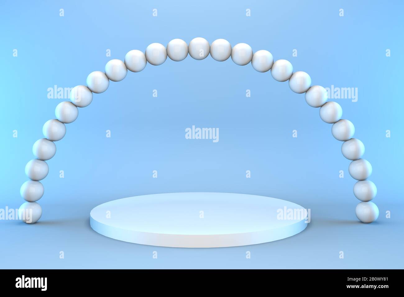3d render round pedestal with pearls on a blue background. Minimalistic podium concept for goods. Stock Photo