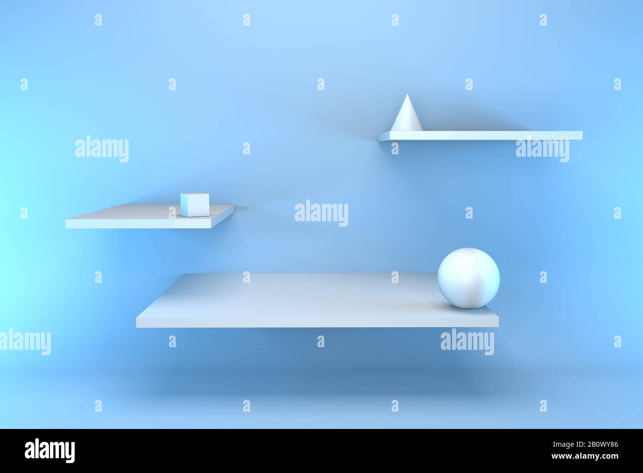 3d render shelves with abstract geometric white shapes on a blue background. Minimalistic podium concept Stock Photo