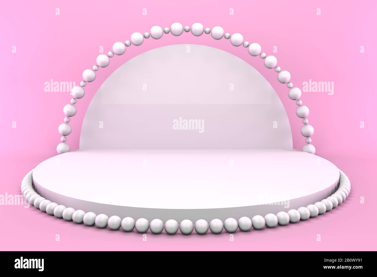3d render round pedestal with pearls on a pink background. Minimalistic podium concept for goods. Stock Photo