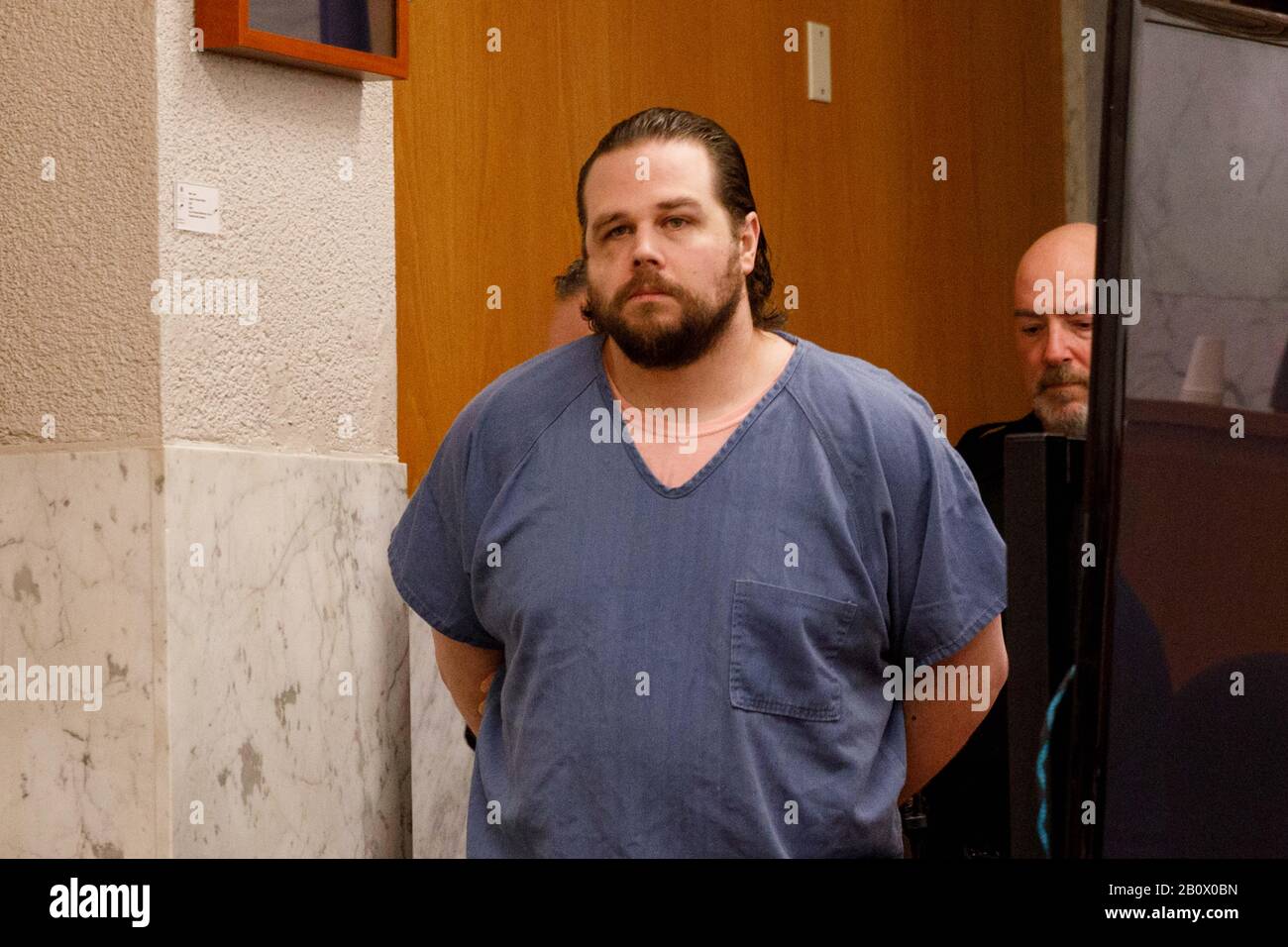 The Jeremy Christian jury requests further instructions during its deliberations on February 21, 2020 in Portland, Oregon; and Judge Albrecht discusses with state and defense attorneys the proposed content. Christian is accused of stabbing to death two men, and grievously wounding a third, in a racially-motivated attack on a Max train in Portland, Oregon in May, 2017.   (Photo by John Rudoff/Sipa USA) Stock Photo