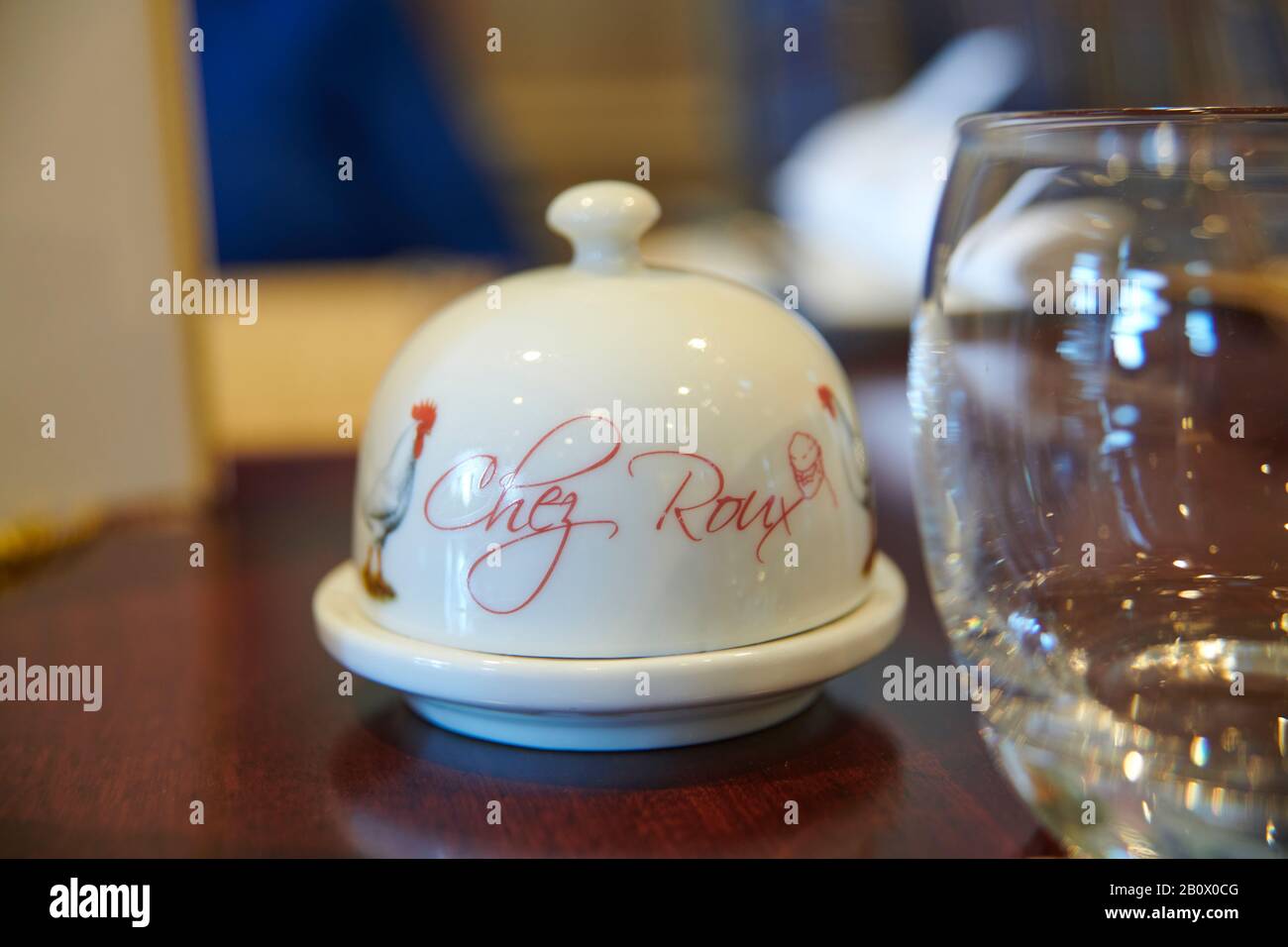 Chez Roux butter dish dome, at the Luxury five star Greywalls Hotel in Gullane East Lothian, Scotland, UK, GB. Stock Photo