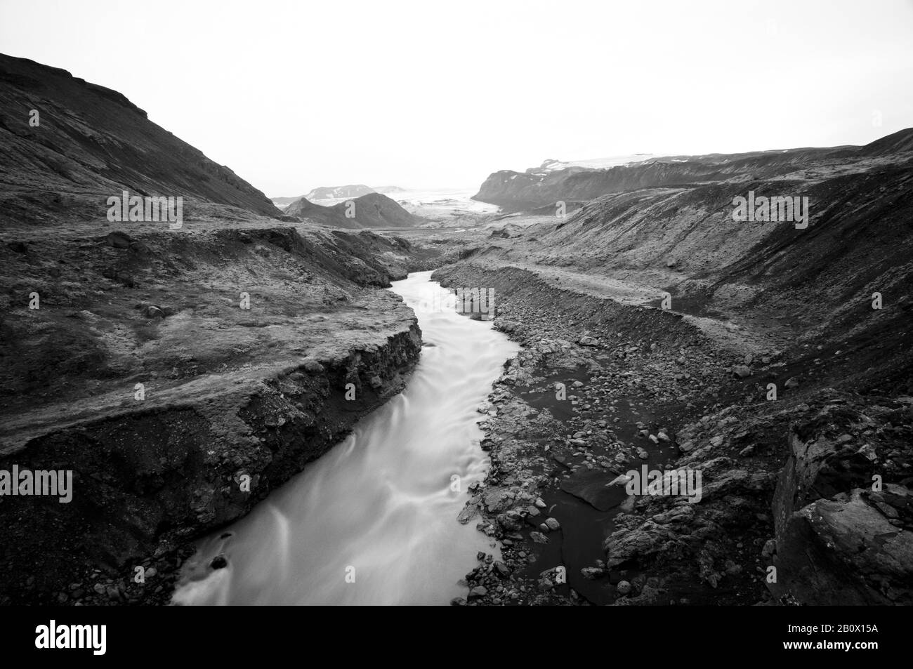 River bed in barren landscape on the way from Skogar to Landmannalaugar, Iceland, Europe, Stock Photo