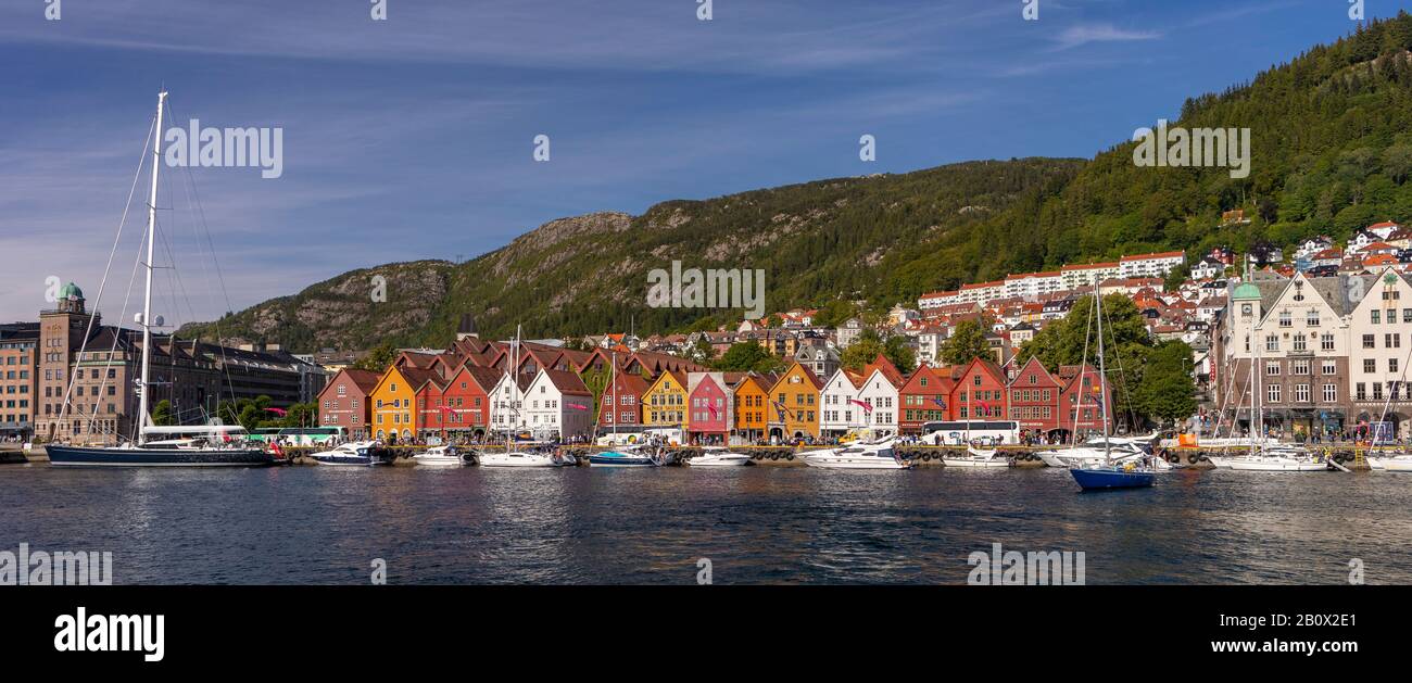 BERGEN, NORWAY - Bryggen waterfront, Hanseatic heritage wooden buildings on dock in Vågen Harbour. Stock Photo
