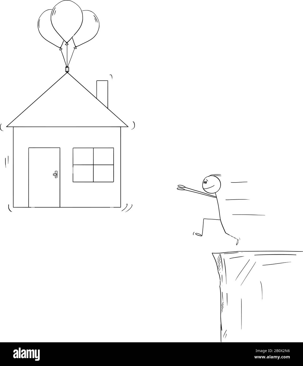 Vector cartoon stick figure drawing conceptual illustration of man trying to get mortgage and buy family house, but is not able to get it or pay it. Stock Vector