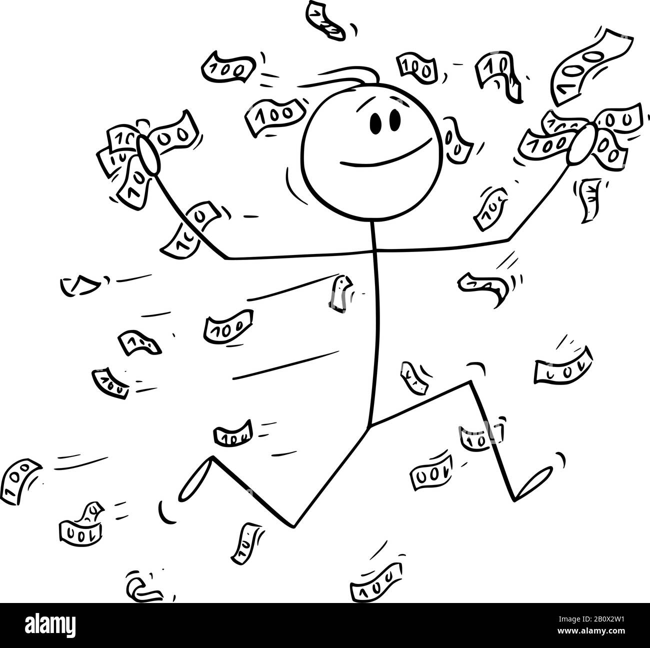 Vector cartoon stick figure drawing conceptual illustration of happy man or businessman running in rain of falling bills,banknotes or money. Stock Vector