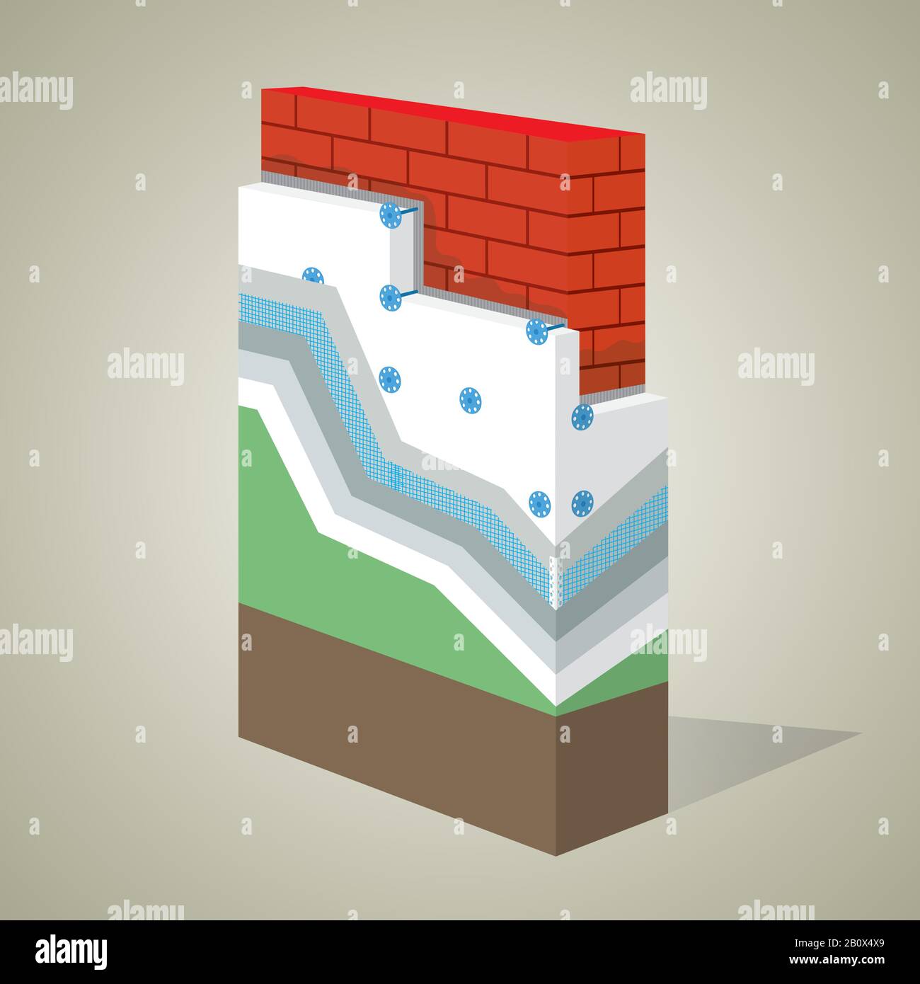 Cross-section layered scheme of a polystyrene thermal isolation. All layers of exterior insulation from base to finishing. Simple colored EPS10 vector Stock Vector