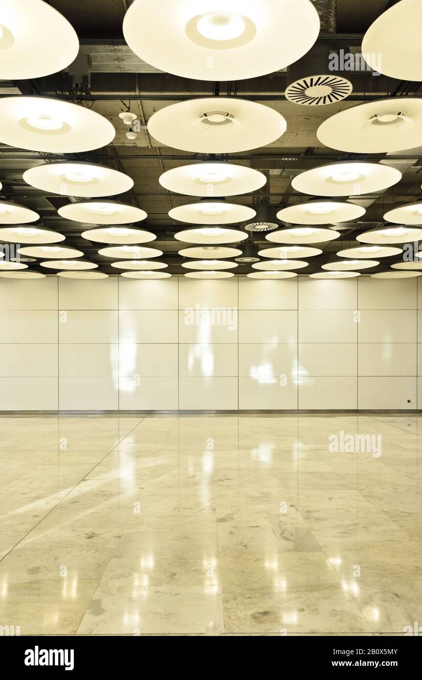 Reflective lamps inside the Barajas Airport, Terminal 4, Madrid, Spain, Stock Photo