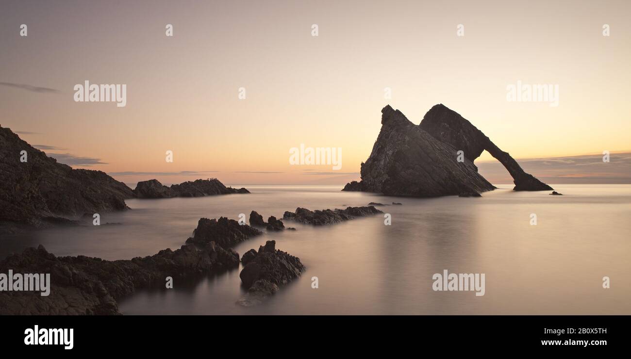 Bow Fiddle Rock at sunrise, Scotland, Great Britain, Stock Photo