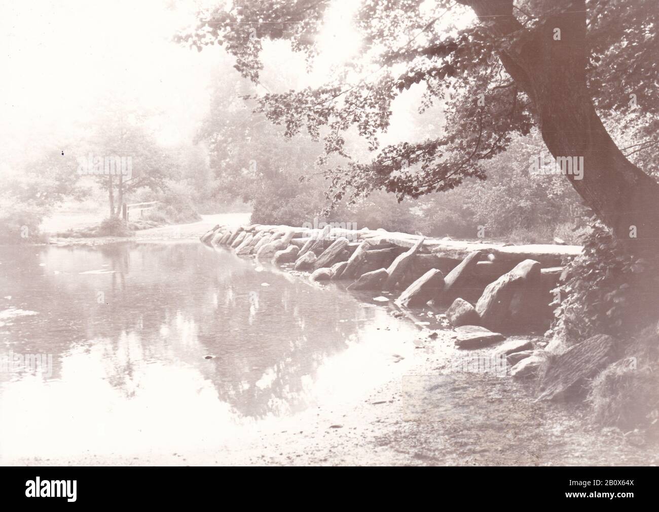 Vintage black and white photo of a river landscape 1950s Stock Photo