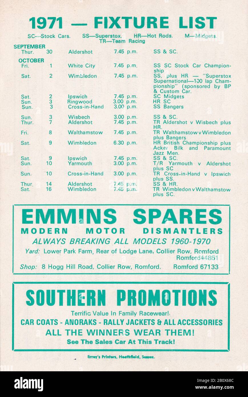 Spedeworth International Control Board Motor Racing Programme 1971 Stock Photo