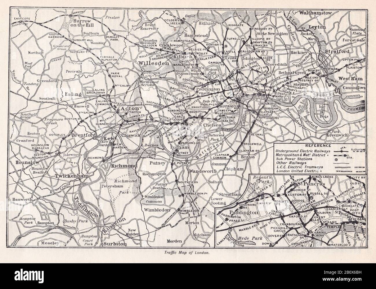 Vintage Traffic Map of London 1900s - Showing underground electric railway, Metropolitan and Met District, L.C.C. Electric Tramway and London Electric. Stock Photo