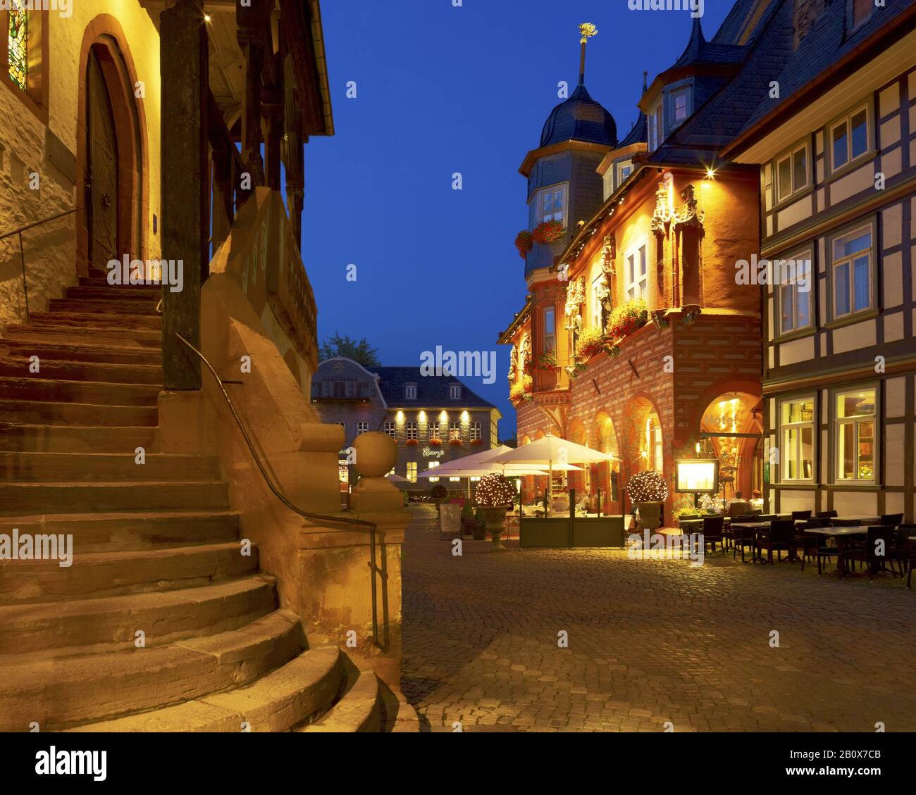 City hall stairs and Kaiserworth at the market, Goslar, Lower Saxony, Germany, Stock Photo