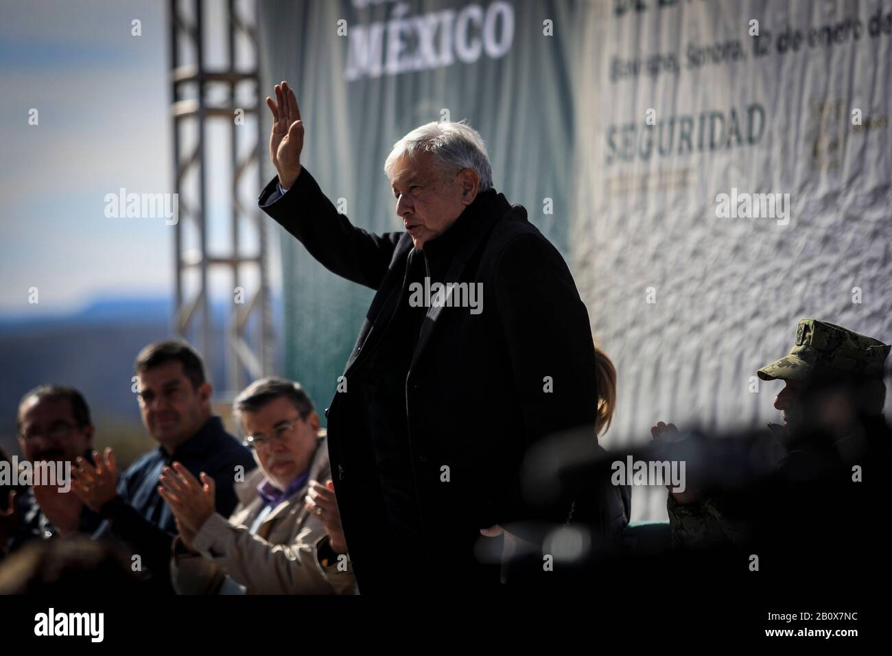 BAVISPE, SONORA - 12 DE ENERO:  Andrés Manuel López Obrador, presidente de México se reunió con la comunidad La Mora y pobladores de la la Sierra Alta, donde ofreció un discurso durante un evento público el 12 de enero de 2019 en Bavispe, Sonora…   President Lopez Obrador meets with members of mormon families Lebaron and Langford, two months after 9 members belonging to them were killed in an ambush near La Mora, an isolated community in the Mexican Northern State of Sonora; 6 children and 3 women died in an attack perpetrated by suspected members of a drug cartel. Stock Photo