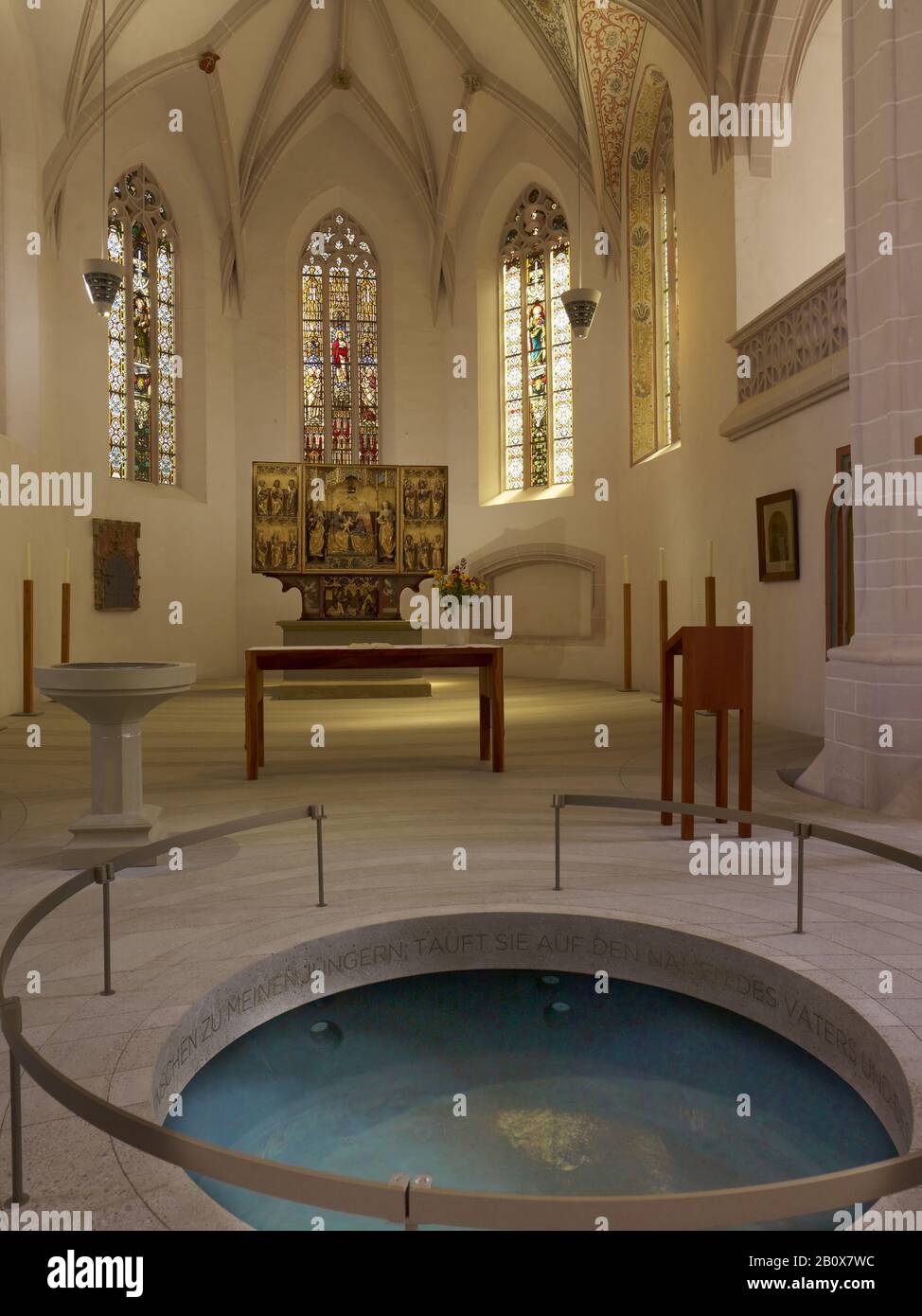 Interior with baptismal font, St. Peter-Pauli Church in Lutherstadt Eisleben, Saxony-Anhalt, Germany, Stock Photo