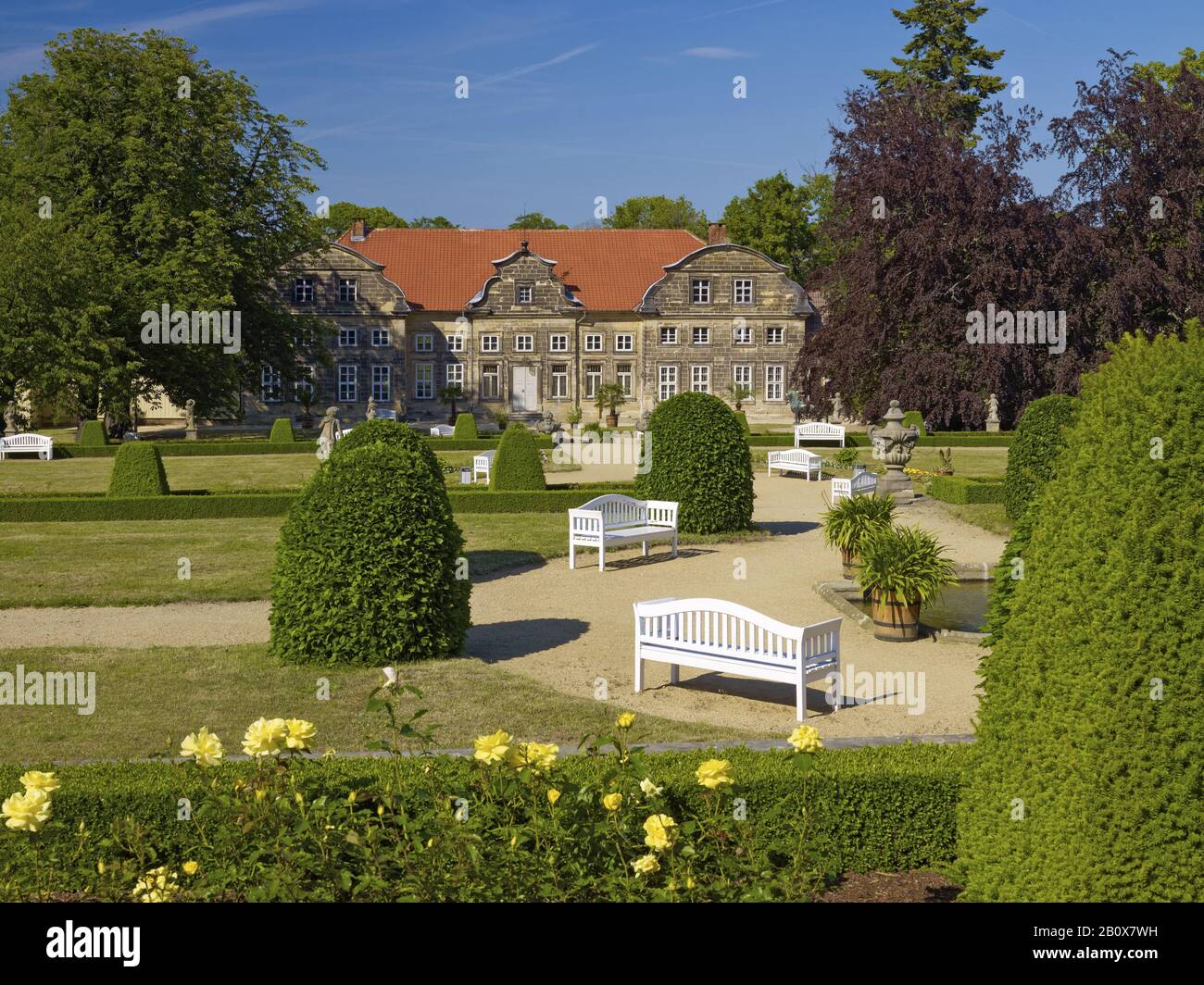 Baroque garden with small castle in Blankenburg/Harz, Saxony-Anhalt, Germany, Stock Photo