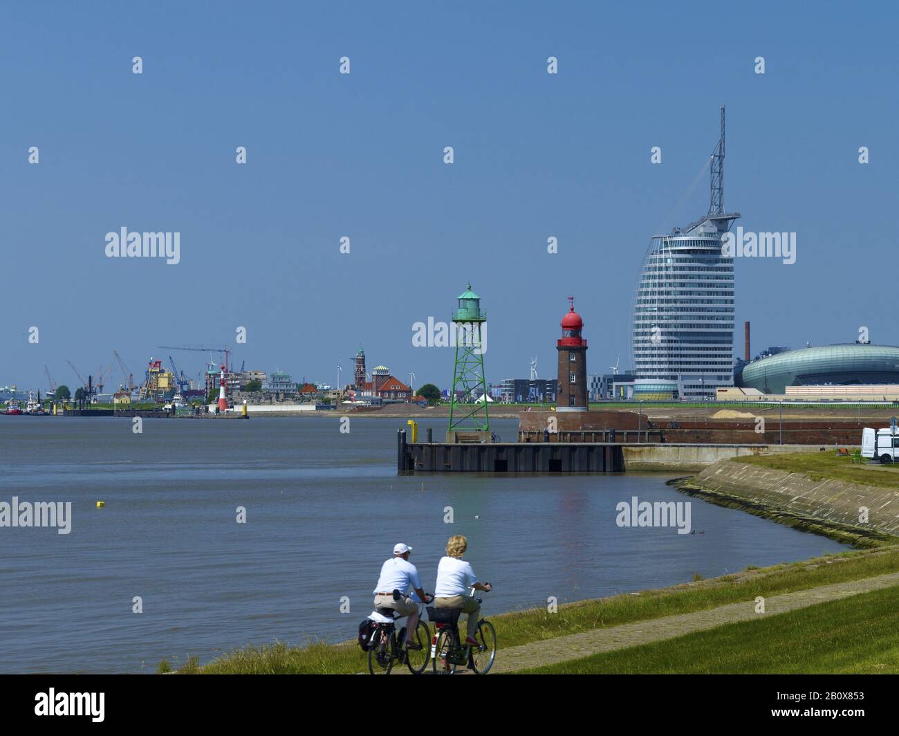 Entrance to the fishing port with Atlantic Hotel Sail City, Klimahaus and Mediterraneo, Bremerhaven, Bremen, Germany, Stock Photo