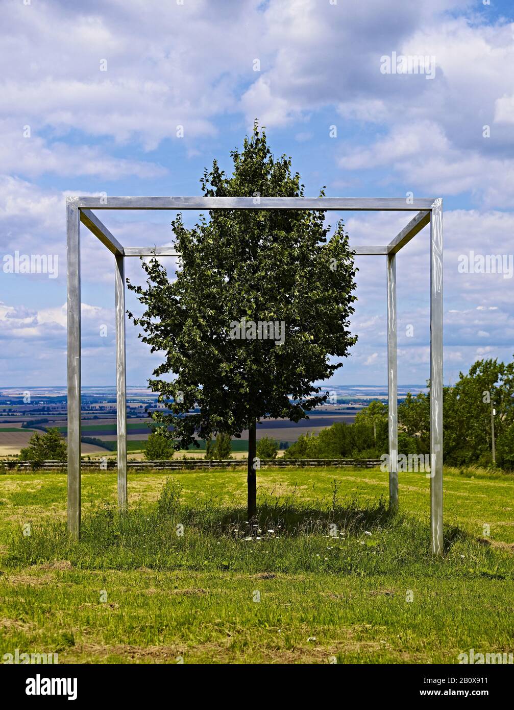 Art object with tree at Witterda, Fahner Höhen, Thuringia, Germany, Stock Photo