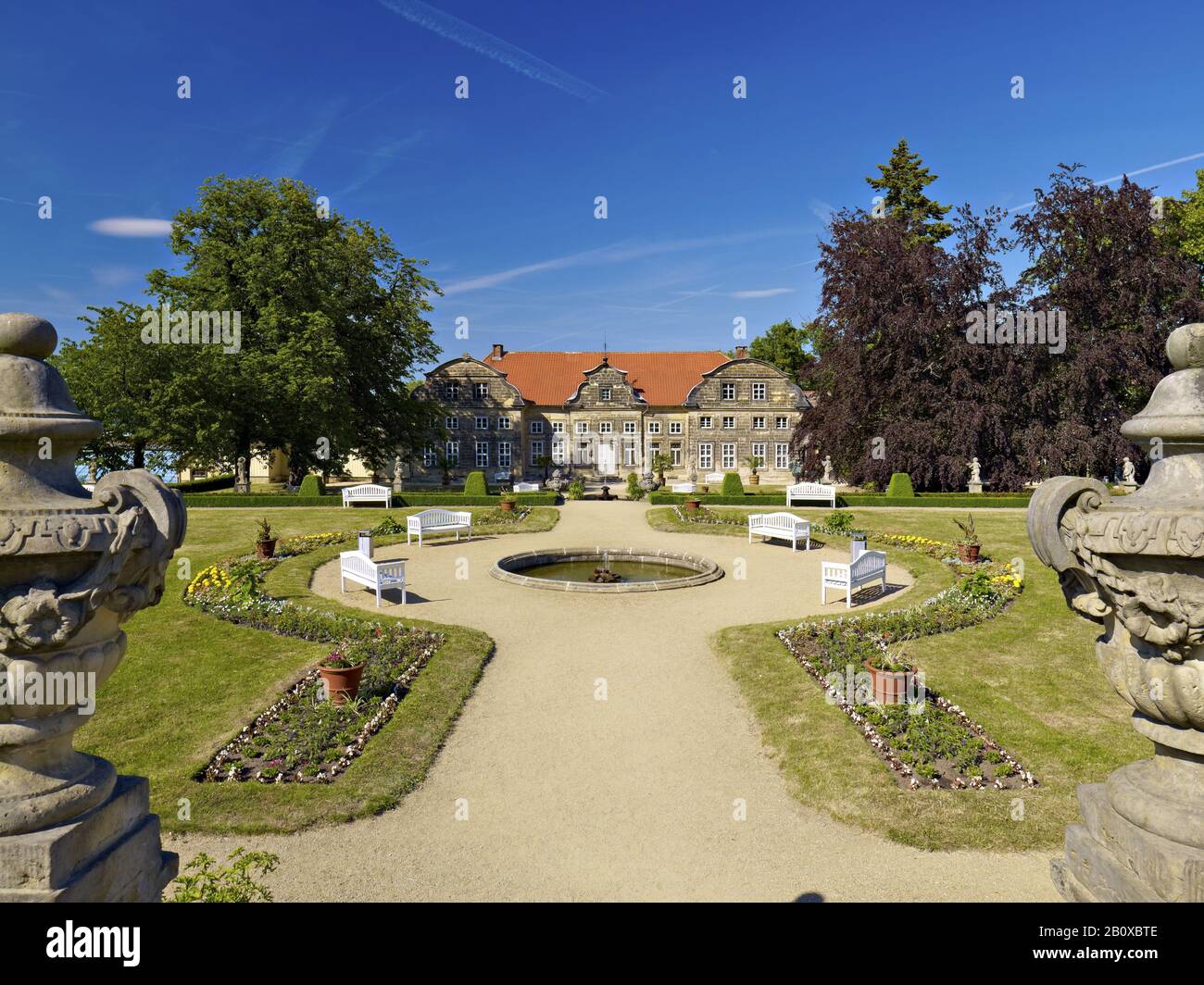 Baroque garden with small castle in Blankenburg/Harz, Saxony-Anhalt, Germany, Stock Photo
