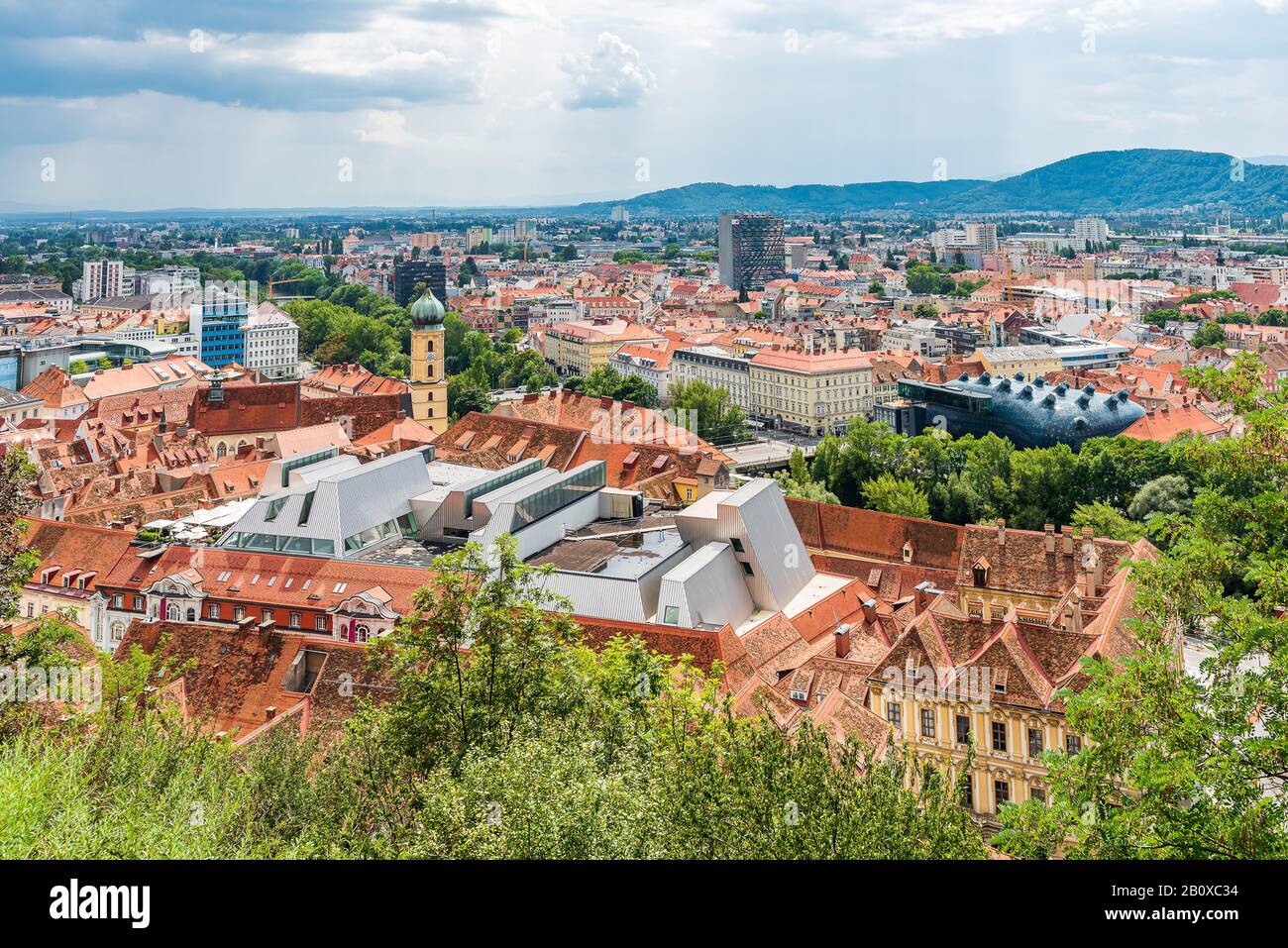 Aerial view of the old town of Graz, from the Schlossberg, in Styria ...
