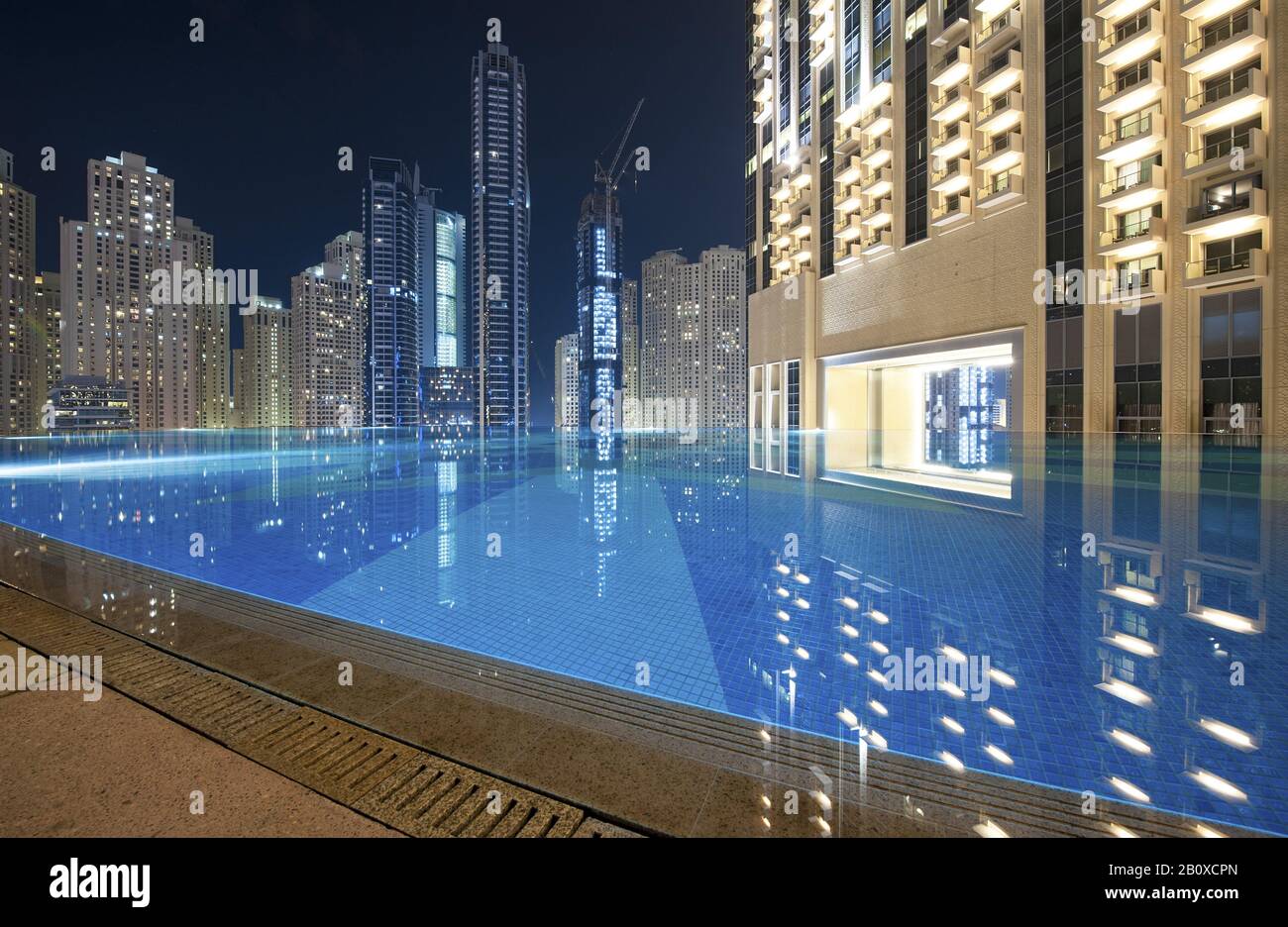 View of Dubai Marina from the Pool Bar of The Address Hotel, Dubai, United Arab Emirates, Stock Photo