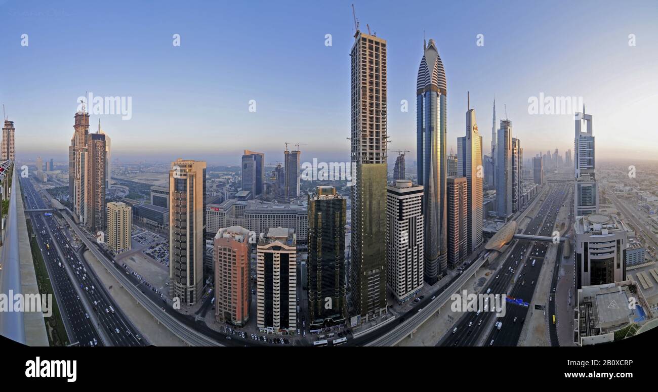 Skyscrapers along Sheikh Zayed Road, Dubai, United Arab Emirates Stock