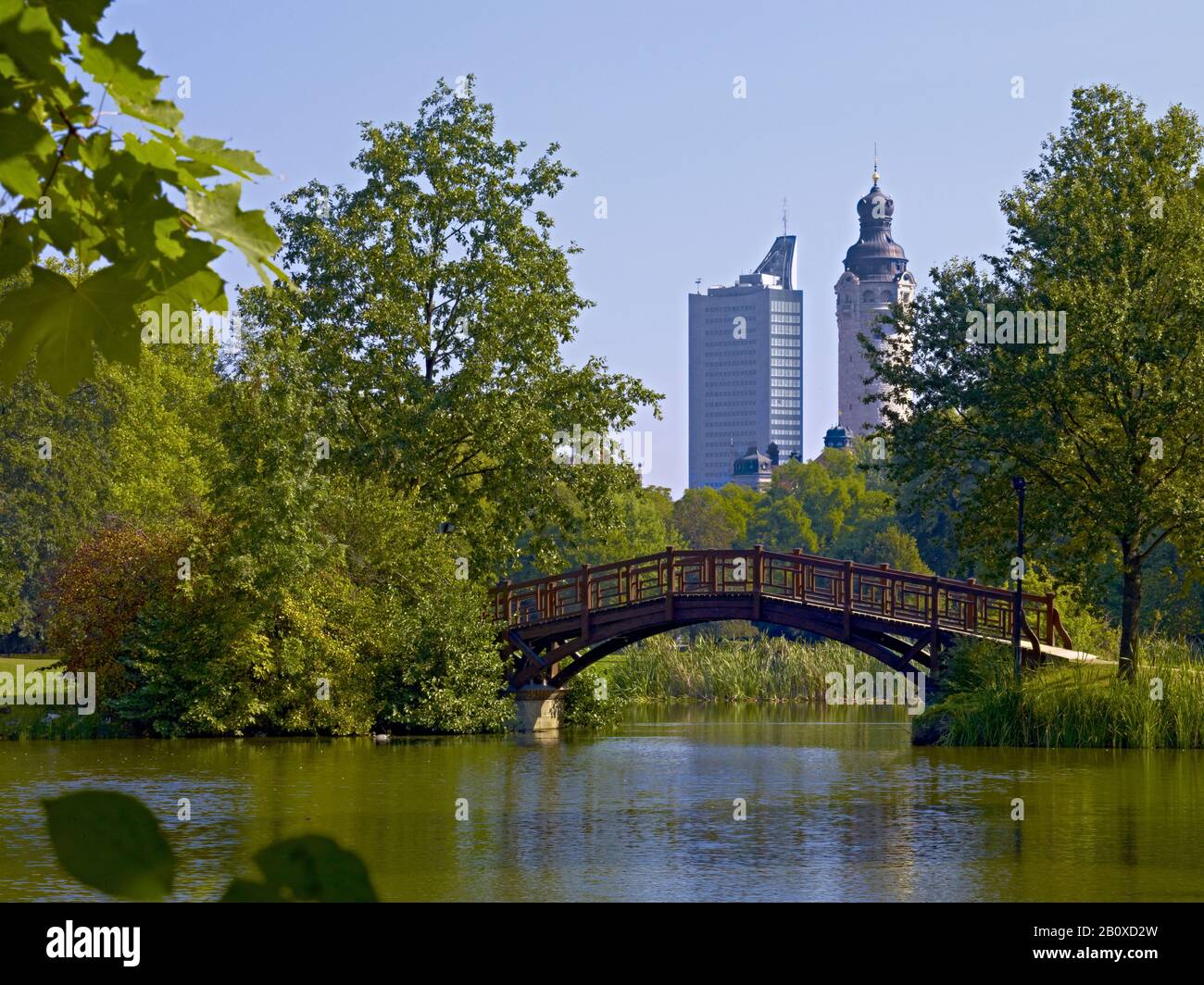Johannapark with view of the city center on university and town hall tower in Leipzig, Saxony, Germany, Stock Photo