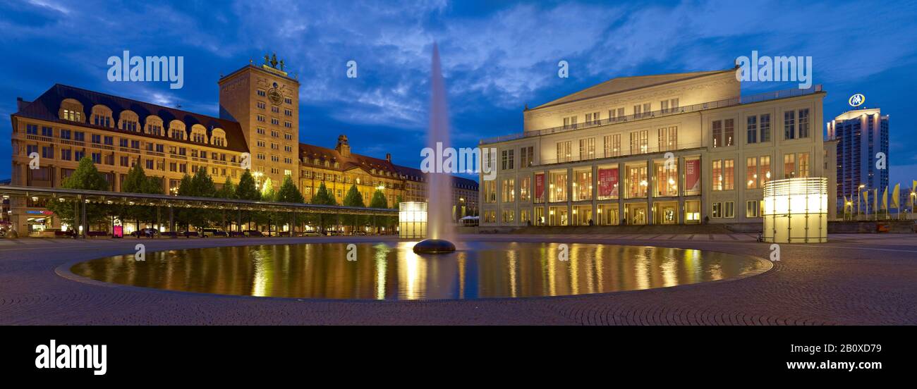 Augustusplatz with crochet house, opera house and conservatory high-rise in Leipzig, Saxony, Germany, Stock Photo