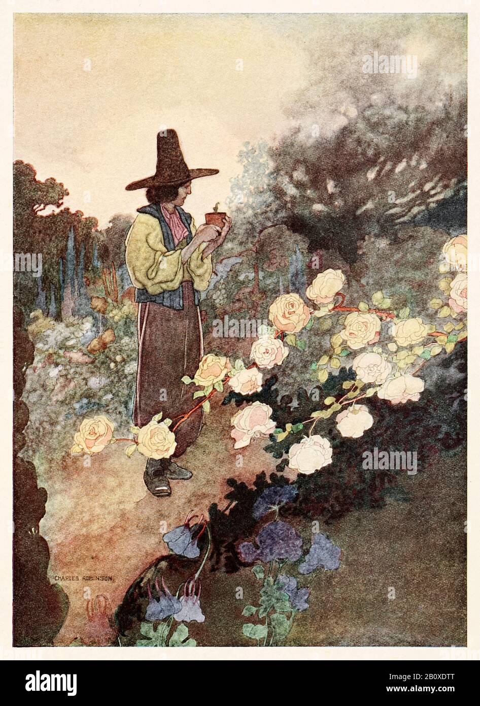 “Hans in the garden” from ‘The Devoted Friend’ in The Happy Prince and Other Tales by Oscar Wilde (1854-1900) illustrated by Charles Robinson (1870-1937). See more information below. Stock Photo