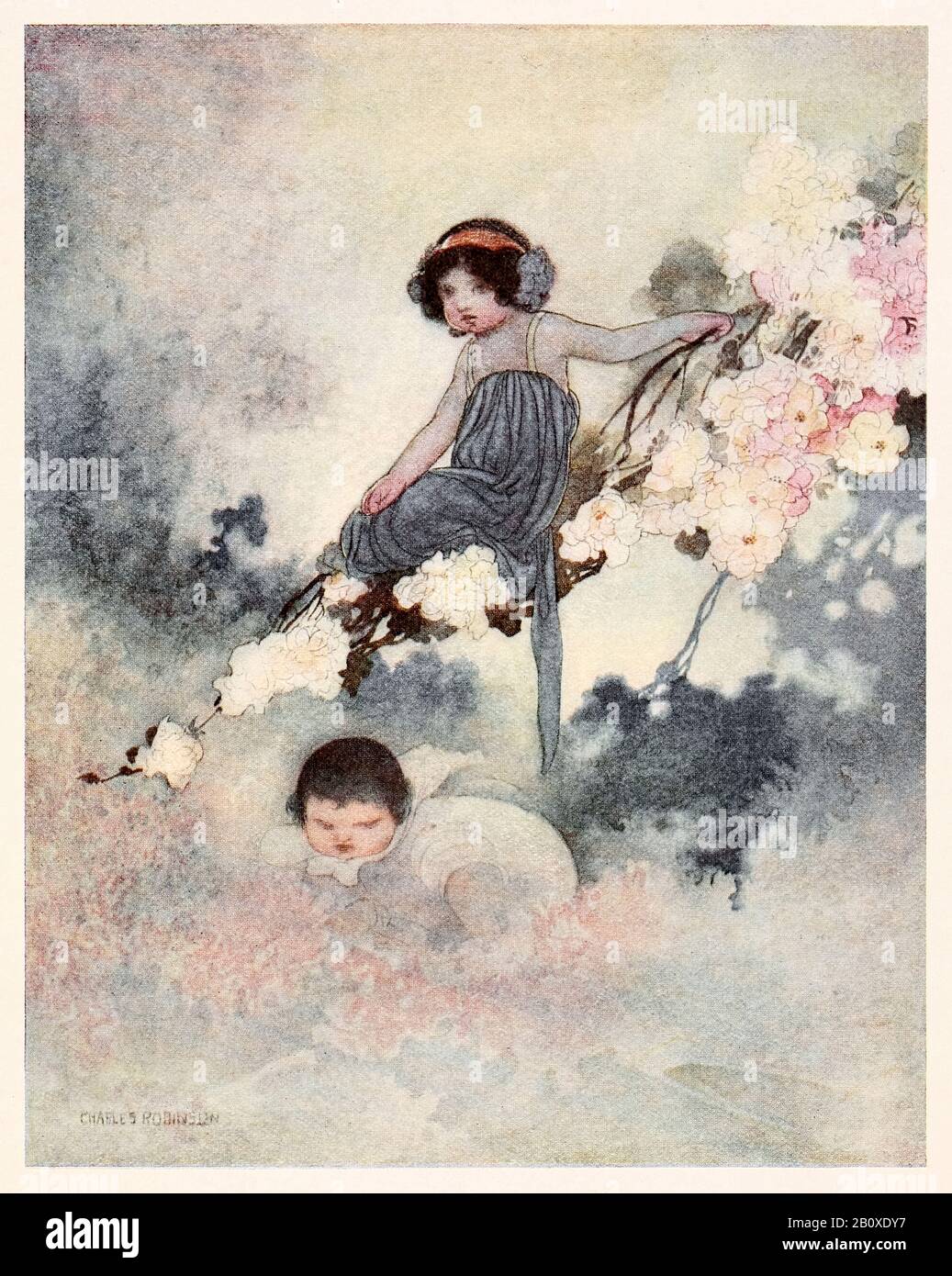 “In every tree he could see there was a little child” from ‘The Selfish Giant’ in The Happy Prince and Other Tales by Oscar Wilde (1854-1900) illustrated by Charles Robinson (1870-1937). See more information below. Stock Photo