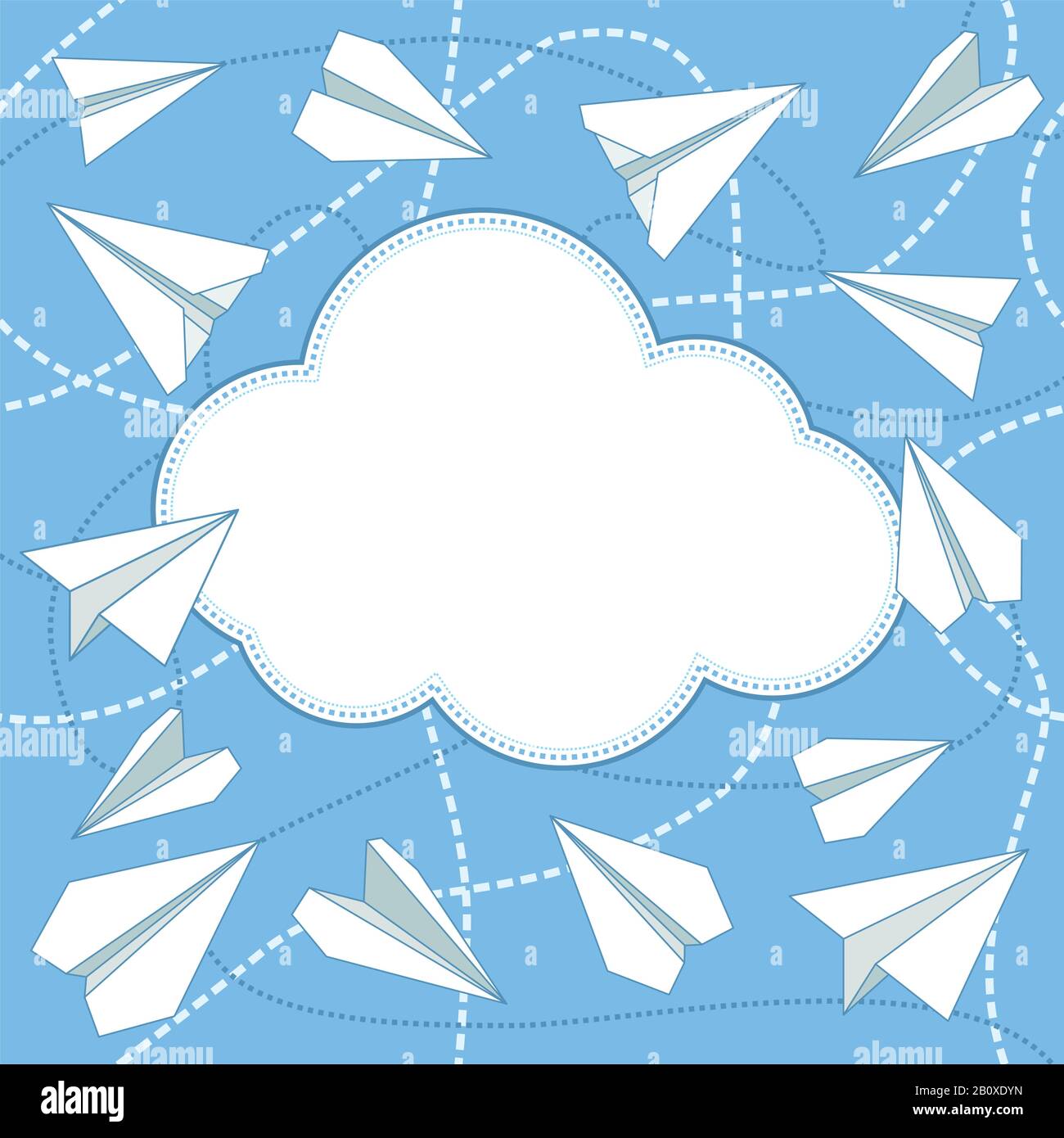 Paper planes and cloud vector background. Paper airplanes flying around cloud with blank space