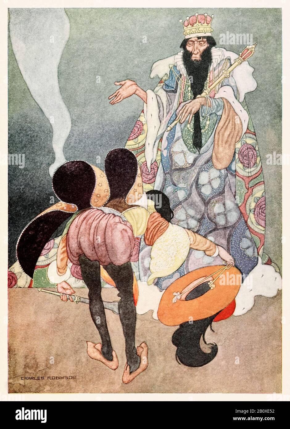 “Let the fireworks being said the King” from ‘The Remarkable Rocket’ in The Happy Prince and Other Tales by Oscar Wilde (1854-1900) illustrated by Charles Robinson (1870-1937). See more information below. Stock Photo