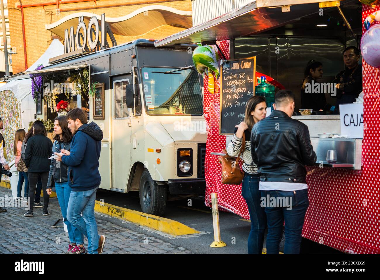 Buenos Aires, Argentina - August 17, 2019: Food trucks at a street food market Stock Photo
