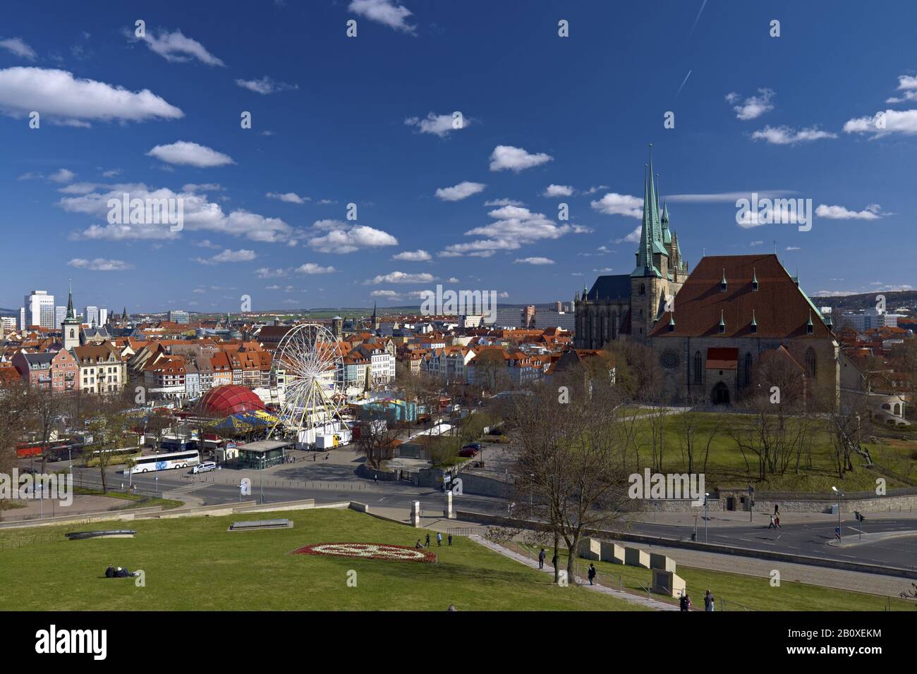 View over Erfurt with Cathedral Square, Spring Festival, Cathedral and Severikirche, Thuringia, Germany, Stock Photo