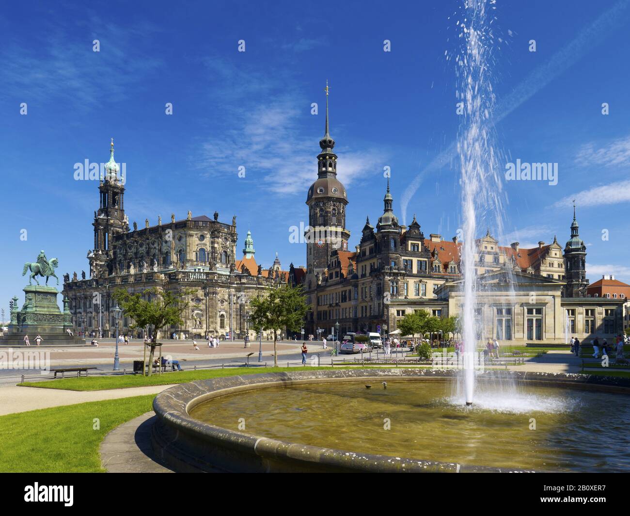 Theaterplatz with Hofkirche, Residenzschloss and Schinkelwache, Dresden, Saxony, Germany, Stock Photo