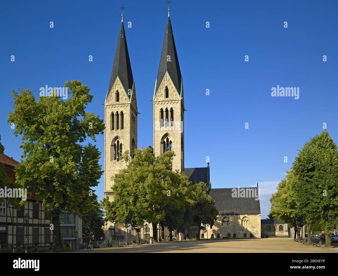 Cathedral square with St. Stephen's Cathedral and St. Sixtus, Halberstadt, Saxony-Anhalt, Germany, Stock Photo