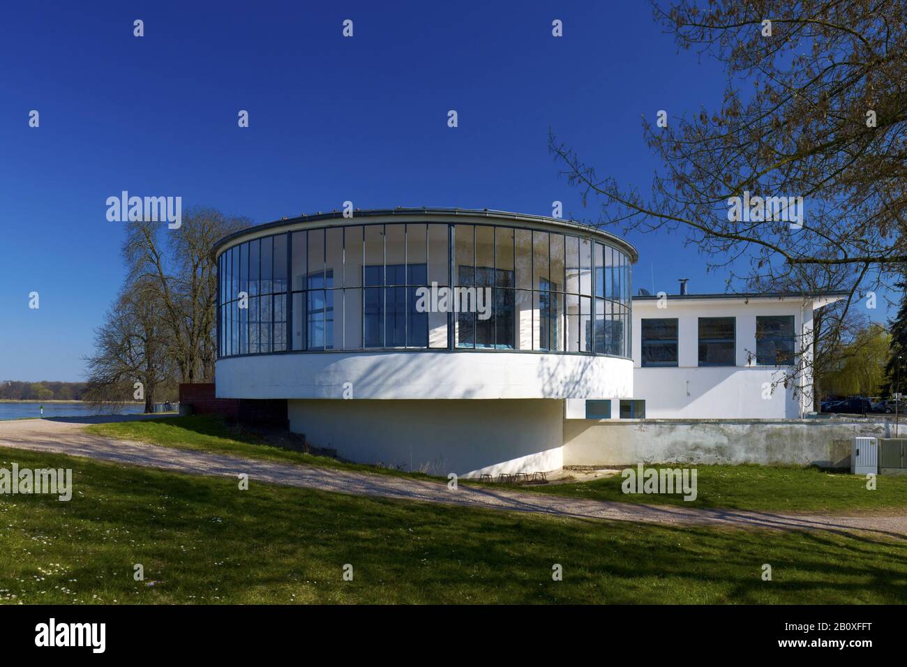 Kornhaus, Bauhaus architecture on the Elbe in Dessau-Roßlau, Saxony-Anhalt, Germany, Stock Photo