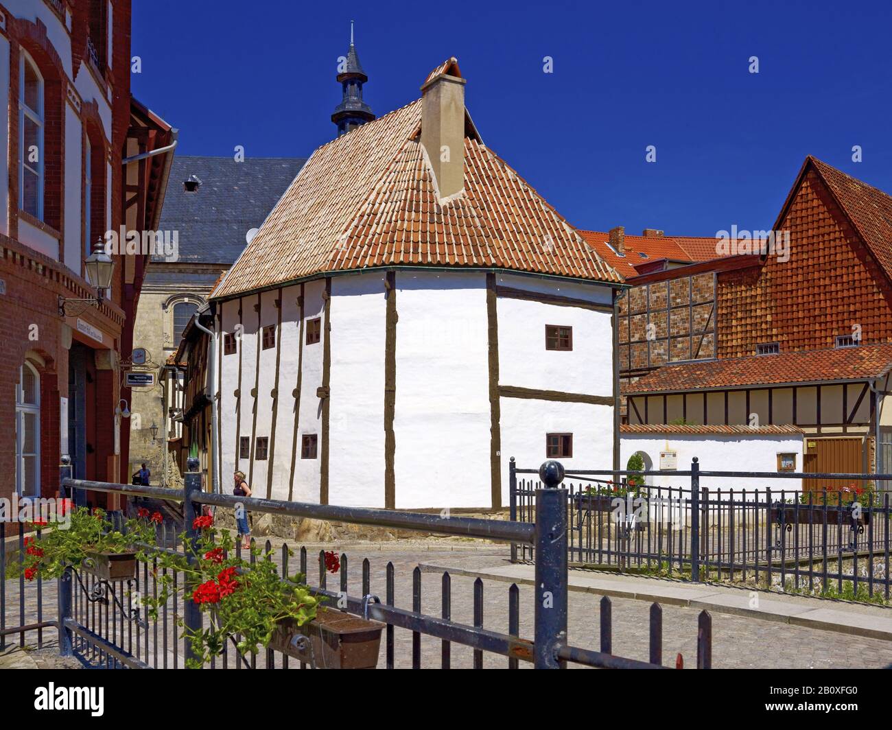 Stand construction, half-timbered museum Wordgasse, Quedlinburg, Saxony-Anhalt, Germany, Stock Photo