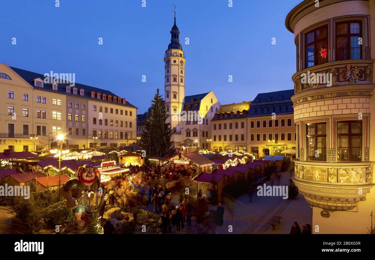 Christmas market in the market with town hall and renaissance oriel of the market pharmacy in Gera, Thuringia, Germany, Stock Photo